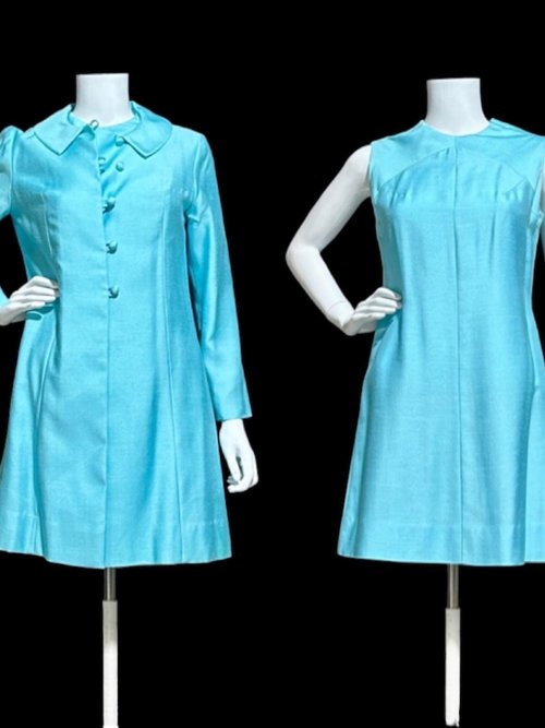 HELEN WHITING vintage 1960s dress set, cocktail dress and coat set, Robin's egg blue 