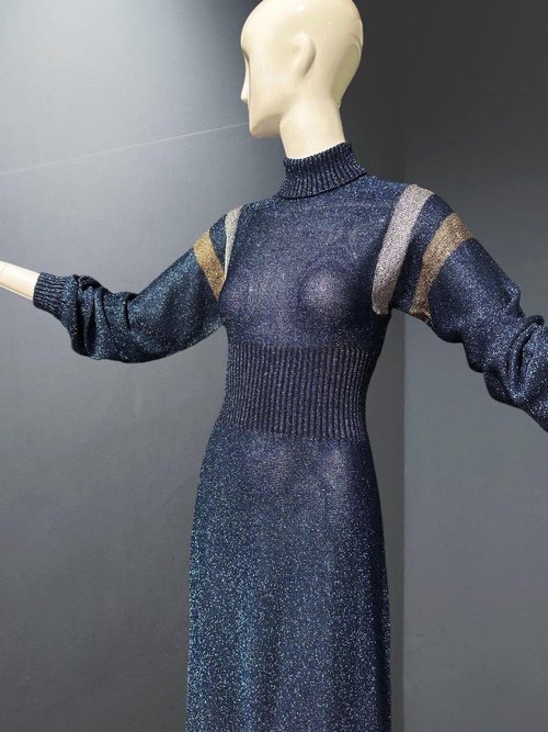 WENJILLI vintage 1970s lurex maxi dress, Navy Blue Metallic lurex Knit Maxi Dress