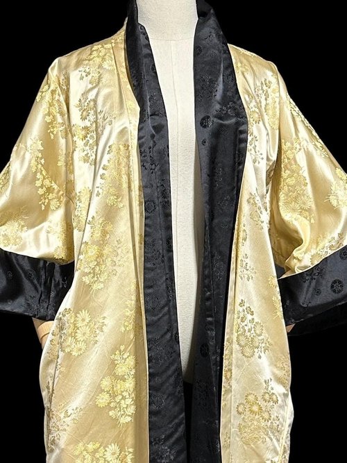 HAYASHI Kimono dressing gown robe, vintage Reversible Gold Black Shiny Silk Satin 