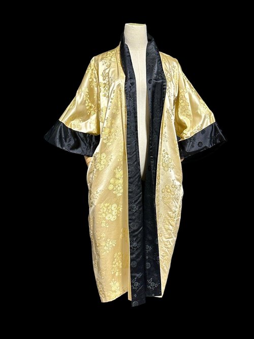 HAYASHI Kimono dressing gown robe, vintage Reversible Gold Black Shiny Silk Satin 