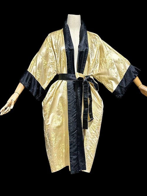 HAYASHI Kimono dressing gown robe, vintage Reversible Gold Black Shiny Silk Satin Japanese evening coat robe, one size