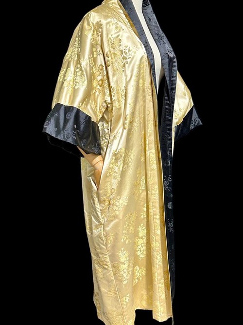 HAYASHI Kimono dressing gown robe, vintage Reversible Gold Black Shiny Silk Satin 