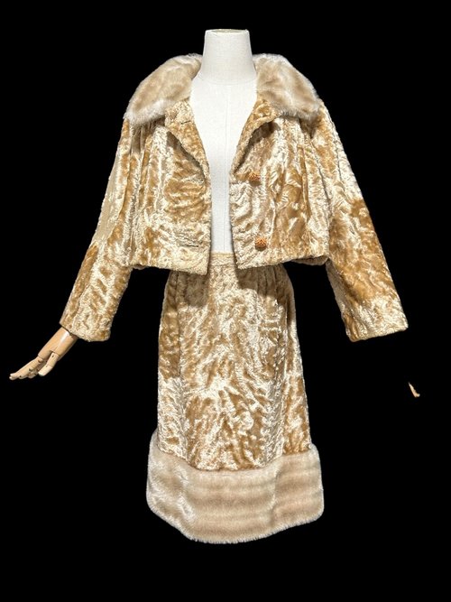 FREISS for BEN GOLD, vintage 1950s jacket skirt set, faux fur suit, 2pc suit, Mink look cropped jacket, 40 bust