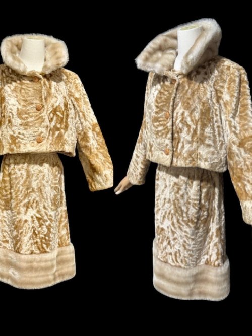 FREISS for BEN GOLD, vintage 1950s jacket skirt set, faux fur suit, 2pc suit, Mink look cropped jacket, 40 bust