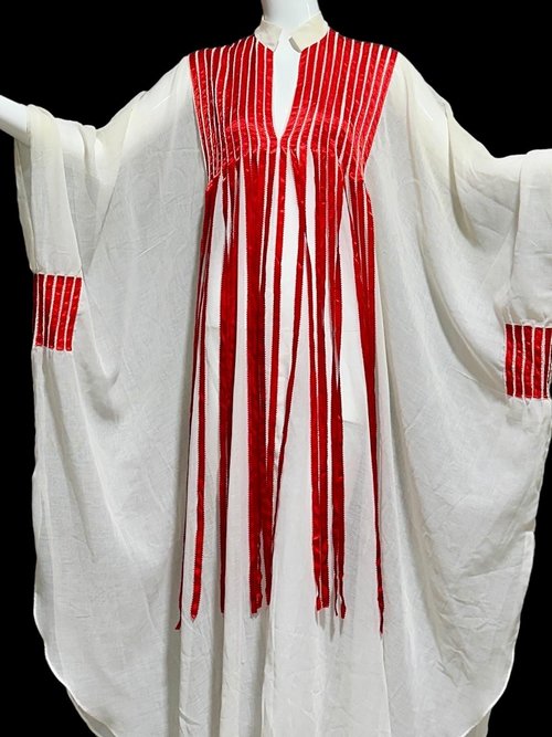 1970s Vintage caftan dress, Sheer breezy white gauzy fabric with streaming red ribbons