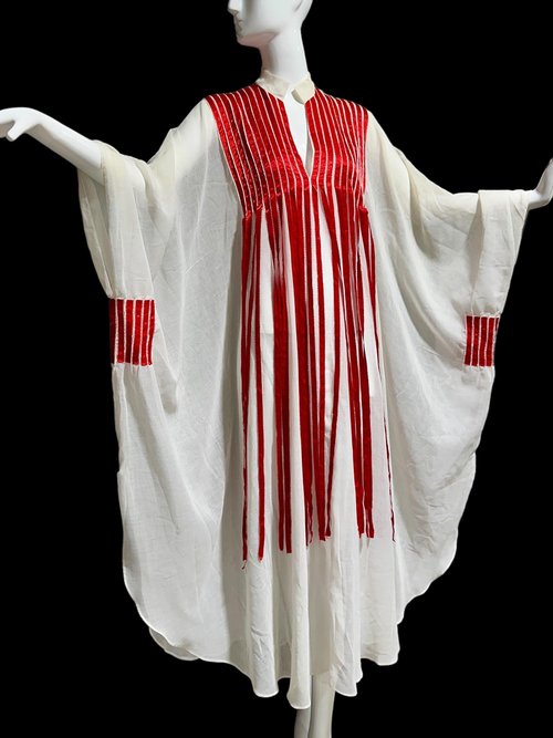 1970s Vintage caftan dress, Sheer breezy white gauzy fabric with streaming red ribbons