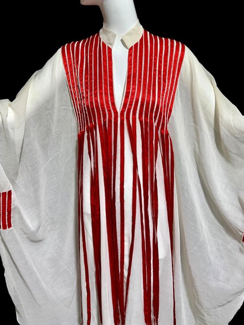 1970s Vintage caftan dress, Sheer breezy white gauzy fabric with streaming red ribbons