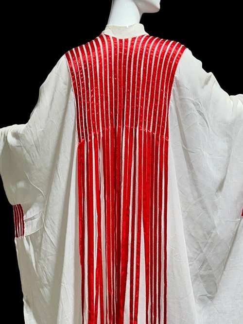 1970s Vintage caftan dress, Sheer breezy white gauzy fabric with streaming red ribbons