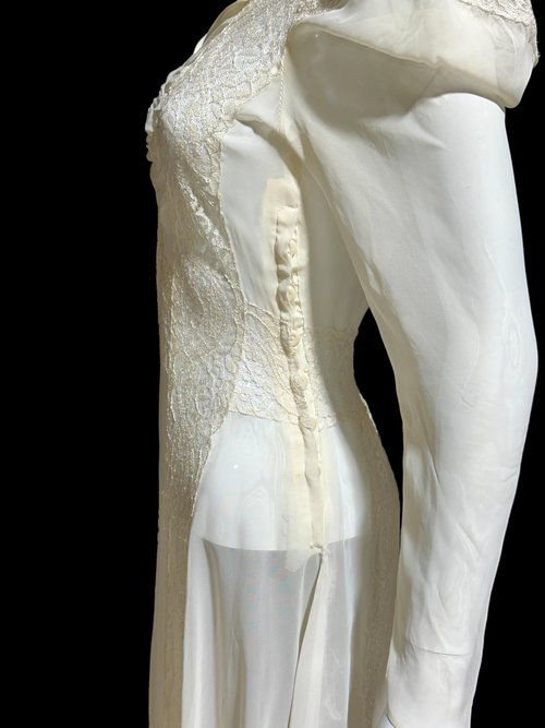 1940s vintage wedding dress, sheer white long sleeve sheath slip gown with train