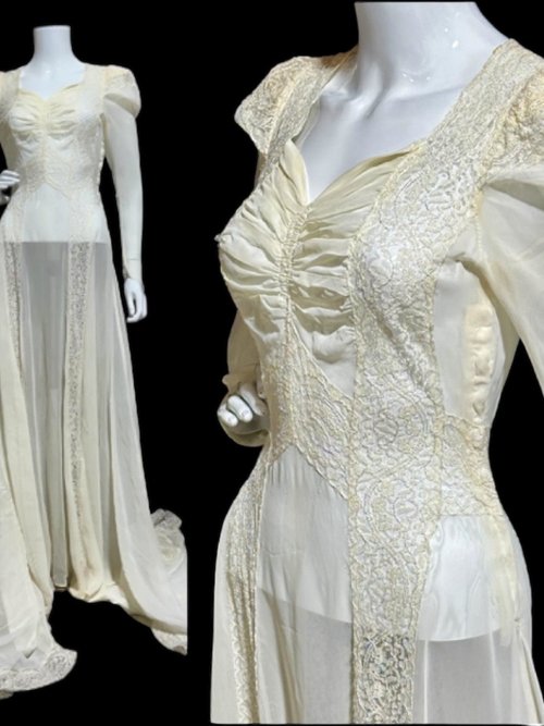 1940s vintage wedding dress, sheer white long sleeve sheath slip gown with train