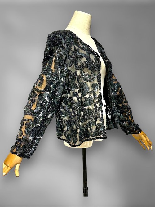 1980s vintage evening jacket, sheer black sequin cocktail party coat, long sleeves hook front, Dynasty Glam, 40 bust