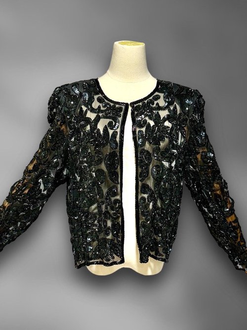 1980s vintage evening jacket, sheer black sequin cocktail party coat, long sleeves hook front, Dynasty Glam, 40 bust