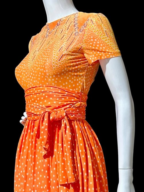 SARMI New York, Vintage Maxi dress, Op Art slinky knit party dress, Orange yellow purple border print gown