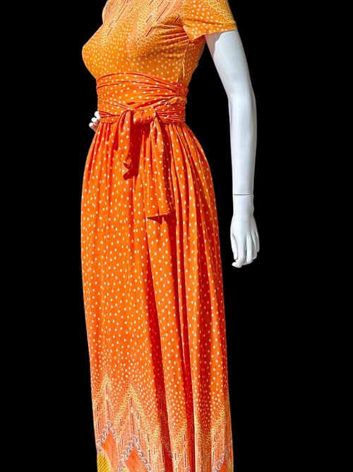 SARMI New York, Vintage Maxi dress, Op Art slinky knit party dress, Orange yellow purple border print gown