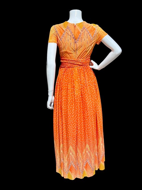 SARMI New York, Vintage Maxi dress, Op Art slinky knit party dress, Orange yellow purple border print gown