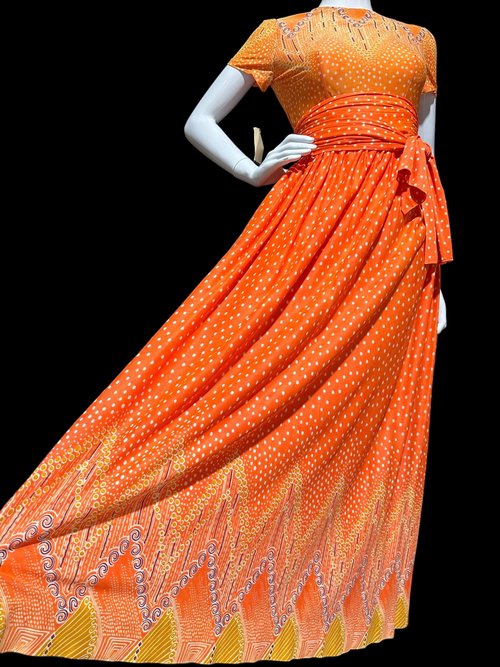 SARMI New York, Vintage Maxi dress, Op Art slinky knit party dress, Orange yellow purple border print gown