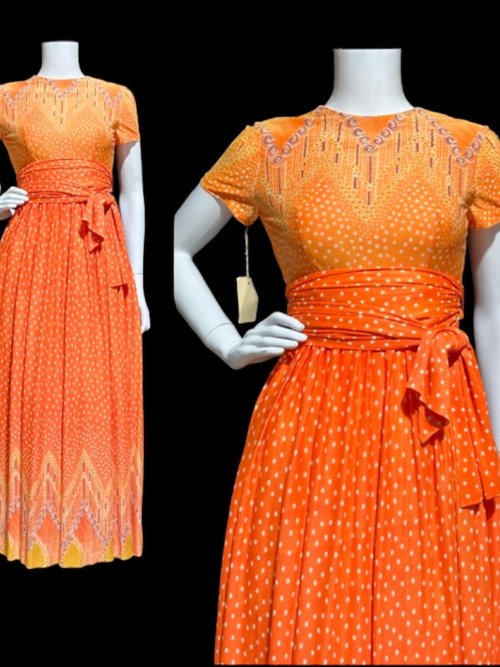 SARMI New York, Vintage Maxi dress, Op Art slinky knit party dress, Orange yellow purple border print gown