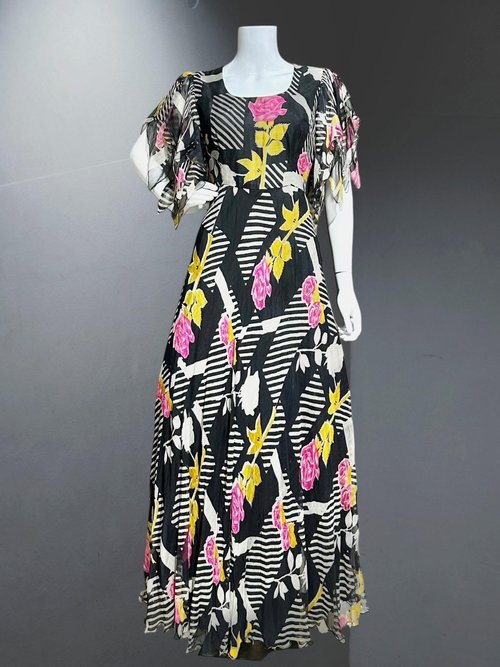 PURPLE PUSSYCAT 1970s vintage maxi dress, sheer black and pink silk rose print maxi dress, flutter sleeves, 34 bust