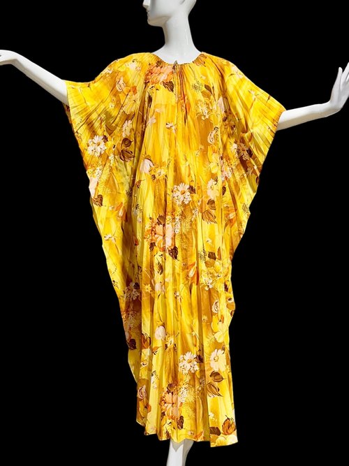 1970s Vintage caftan kaftan dress, Sunny golden yellow accordion pleated floral party hostess gown, one size