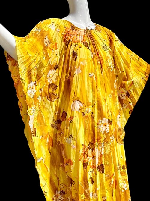 1970s Vintage caftan kaftan dress, Sunny golden yellow accordion pleated floral party hostess gown, one size