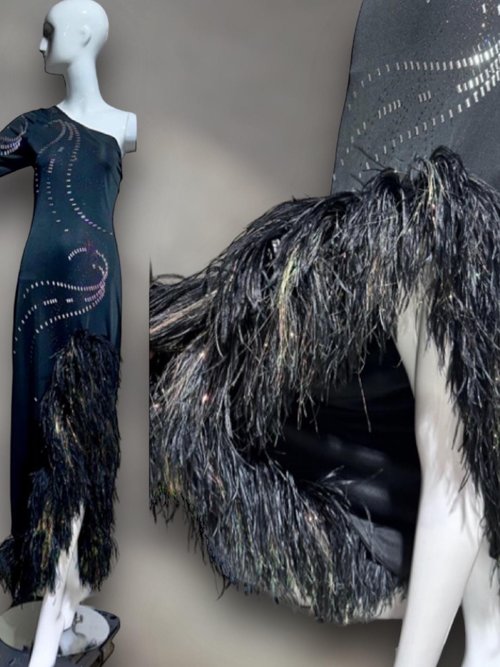 1970s vintage evening gown, Black bodycon one shoulder sheath gown, Thigh high slit with Ostrich Feathers