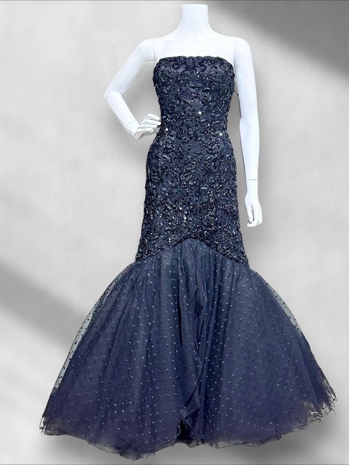 DAVID FIELDEN London, Neiman Marcus 1980s vintage evening dress, Black Mermaid gown