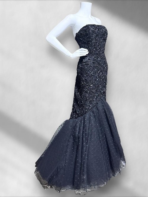 DAVID FIELDEN London, Neiman Marcus 1980s vintage evening dress, Black Mermaid gown