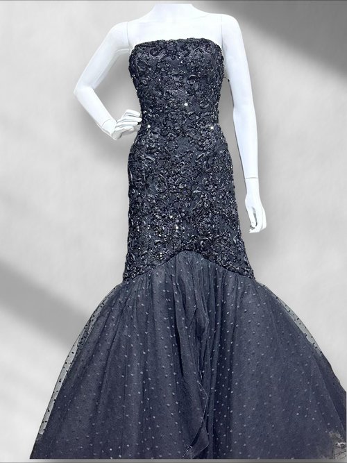 DAVID FIELDEN London, Neiman Marcus 1980s vintage evening dress, Black Mermaid gown