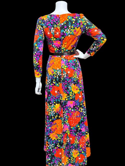 MARVELLA SCREEN PRINT 1970s vintage maxi dress, Bold floral psychedelic flower power jersey knit gown