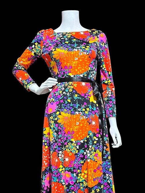 MARVELLA SCREEN PRINT 1970s vintage maxi dress, Bold floral psychedelic flower power jersey knit gown