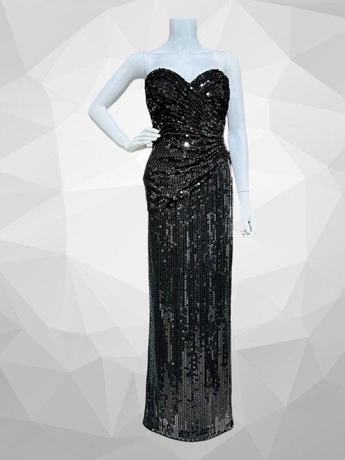 TADASHI 1980s vintage evening gown, prom party dress, all over black sequin, strapless ruched bodice