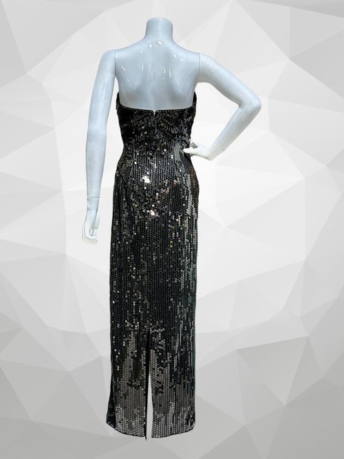 TADASHI 1980s vintage evening gown, prom party dress, all over black sequin, strapless ruched bodice