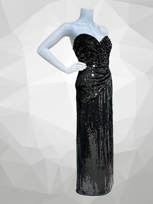 TADASHI 1980s vintage evening gown, prom party dress, all over black sequin, strapless ruched bodice