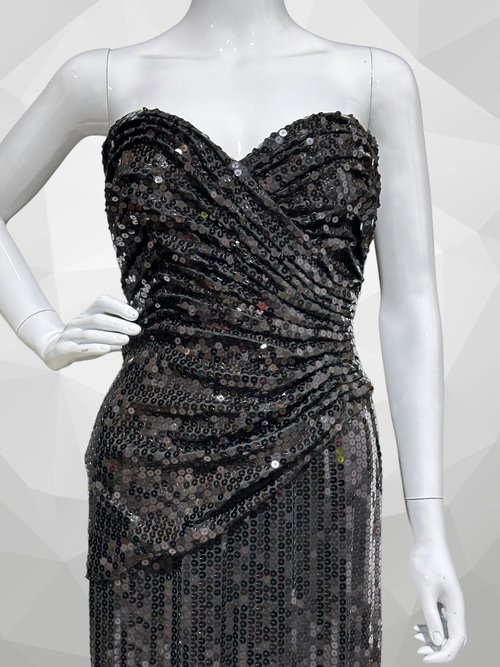 TADASHI 1980s vintage evening gown, prom party dress, all over black sequin, strapless ruched bodice