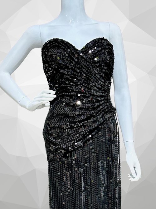 TADASHI 1980s vintage evening gown, prom party dress, all over black sequin, strapless ruched bodice