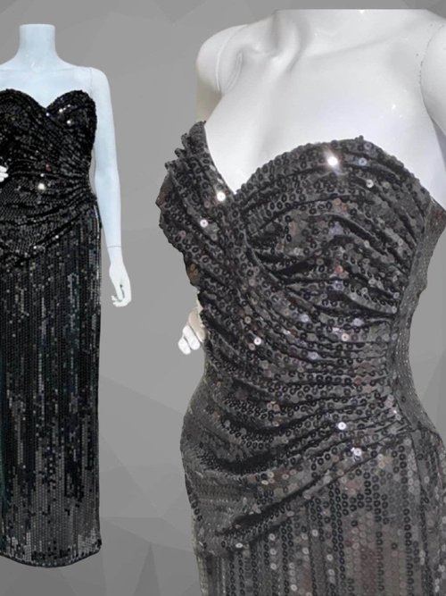 TADASHI 1980s vintage evening gown, prom party dress, all over black sequin, strapless ruched bodice