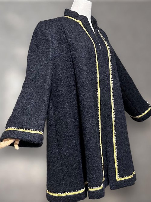 TRIGERE Coat, SAKS 5th Ave 1980s Black mohair gold metallic cord, winter swing evening coat