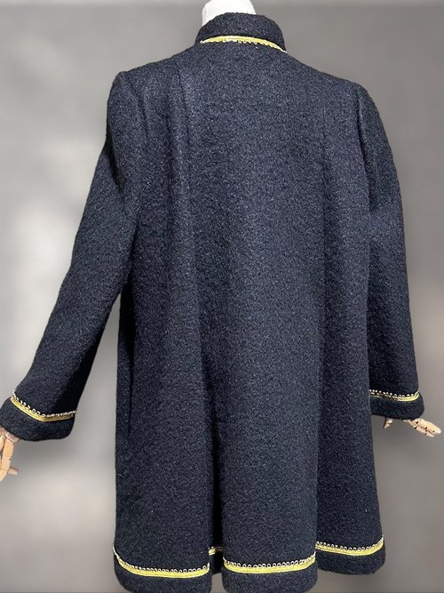 TRIGERE Coat, SAKS 5th Ave 1980s Black mohair gold metallic cord, winter swing evening coat