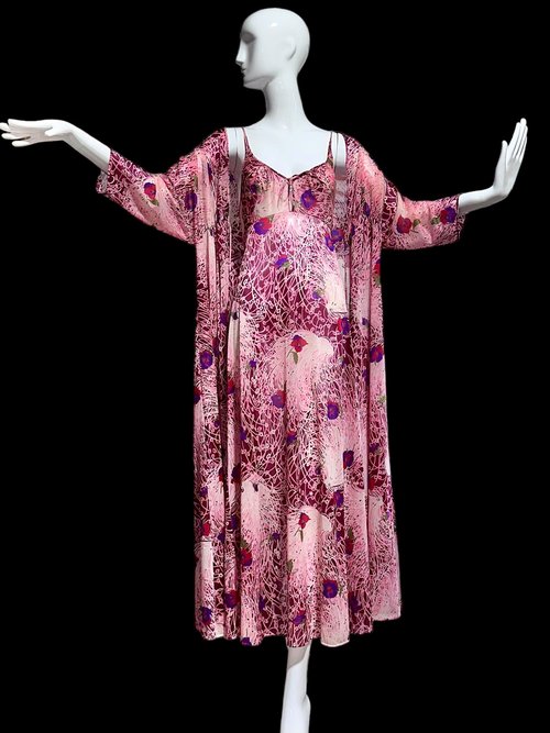 VANITY FAIR vintage nightgown robe set, 1970s Lingerie Pink floral slip dress, night gown and robe, medium