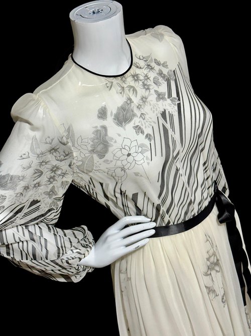 MOLLIE PARNIS by Morty Sussman, 1970s vintage evening dress, chiffon black and white floral poly chiffon gown