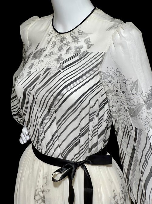 MOLLIE PARNIS by Morty Sussman, 1970s vintage evening dress, chiffon black and white floral poly chiffon gown