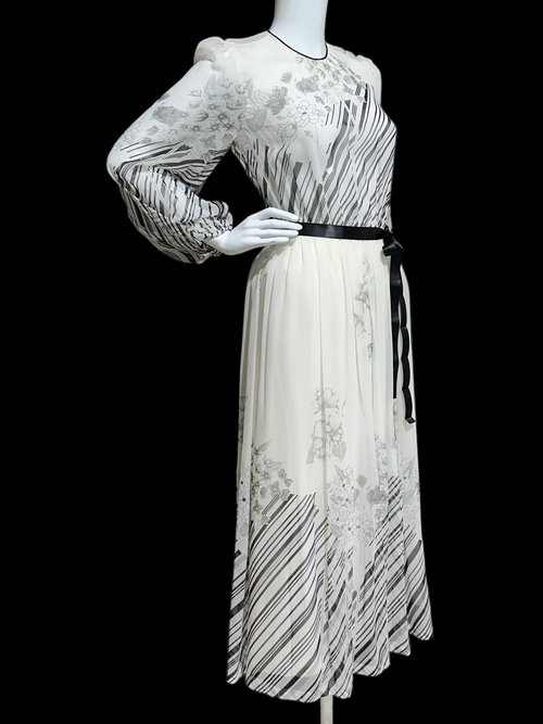 MOLLIE PARNIS by Morty Sussman, 1970s vintage evening dress, chiffon black and white floral poly chiffon gown