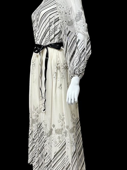 MOLLIE PARNIS by Morty Sussman, 1970s vintage evening dress, chiffon black and white floral poly chiffon gown