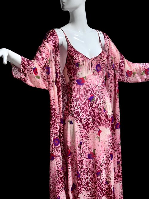 VANITY FAIR vintage nightgown robe set, 1970s Lingerie Pink floral slip dress, night gown and robe, medium