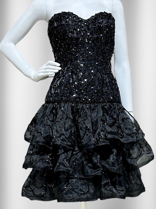 TRACY MILLS 1980s vintage prom dress, Black strapless sequin cocktail dress