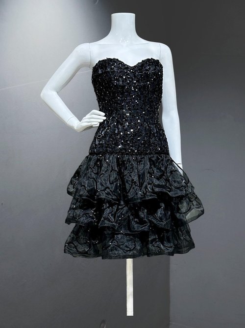 TRACY MILLS 1980s vintage prom dress, Black strapless sequin cocktail dress, dropped waist tiered ruffles evening dress, 34 bust