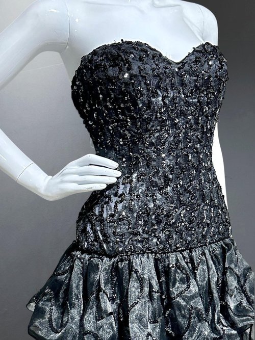 TRACY MILLS 1980s vintage prom dress, Black strapless sequin cocktail dress