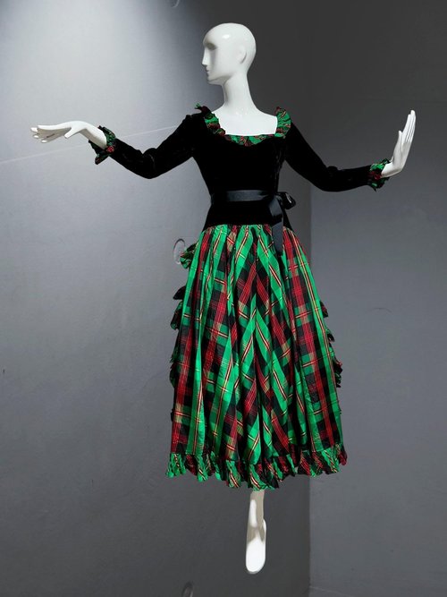 ALBERT CAPRARO 1970s vintage evening dress, Velvet and taffeta Christmas holiday dress, green red plaid full skirt maxi, 34 bust