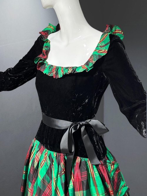 ALBERT CAPRARO 1970s vintage evening dress, Velvet and taffeta Christmas holiday dress