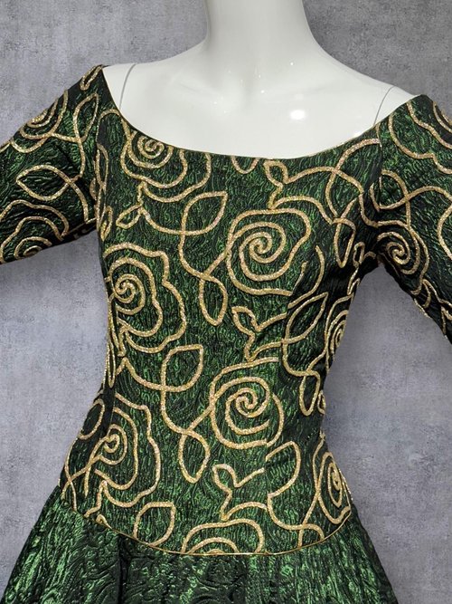 TERENCE NOLDER 1980s vintage evening dress ball gown, Deep green and gold